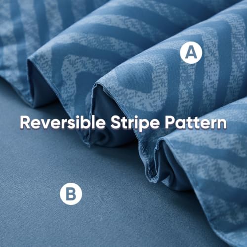 Comforter Set Queen Size 7 Piece Bed in a Bag Boho Haze Blue Striped Bedding Set Soft Microfiber Comforter and Sheet Set for All Season (Queen, 90"x90")