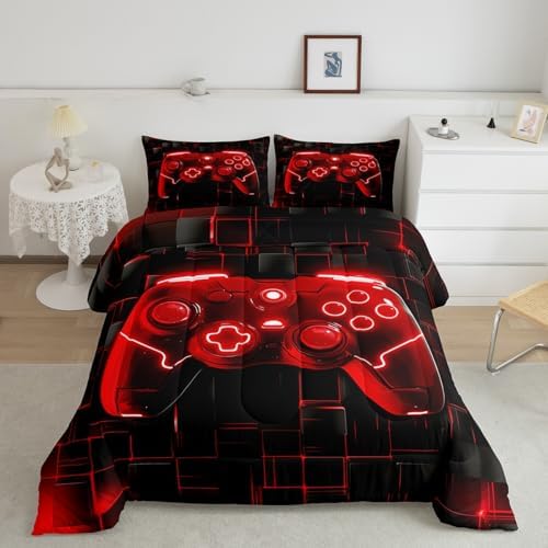 Manfei Kids Games Comforter Set King Size, Red Gaming Bedding Set for Boys Girls Teens Bedroom Decor, Black Video Gamer Controller Down Comforter, Reversible Gamepad Quilt Set, 2 Pillowcases