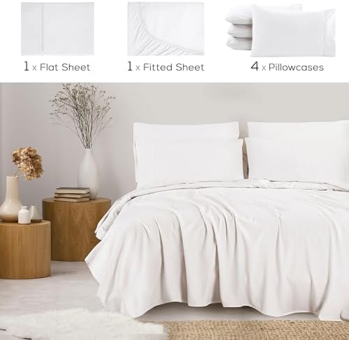 Mueller 6 Piece Queen Bed Sheets Set – Ultratemp Cooling Technology, Oeko-TEX Certified, Ultra-Soft Series, 4 Pillowcases, Deep Pocket 16", Hypoallergenic, Wrinkle-Free Hotel Bedding, White