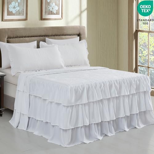 CHIXIN Ruffle Skirt Bedspread Cal King Size - 30" Long Drop, Shabby Chic Style, Lightweight Bedding Cover, 3 Piece Set, Chic Layers, Pure White