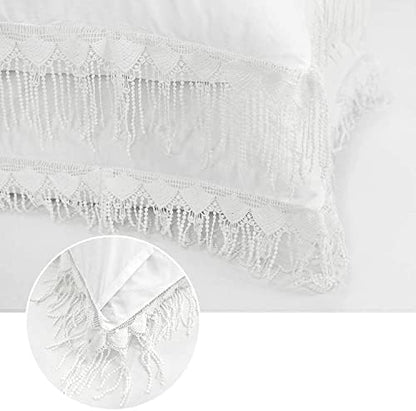 FADFAY 4 Piece Boho Duvet Cover Set Twin Size, Bohemian Chic Cotton Bedding with Bed Skirt, Elegant Tassel Accents, Pure White