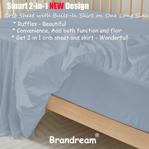 Brandream Attached Crib Skirt Sheet Girls Boys Ruffled Skirt 2-in-1 Design, 100% Cotton, Gender Neutral Crib Skirt Toddler Bedskirt Farmhouse Chic Nursery Crib Bed Skirt, Boho Bohemian Solid Mist Blue