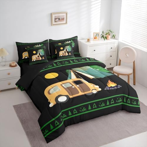 Erosebridal Camper Decor Teens Comforter Set with Sheets Happy Camping 7 Piece Bedding Set Rustic Farmhouse Bed in A Bag Twin Size Bonfire Rv Travel Trailer Bed Sets for Kids Boys Adult, Black Green
