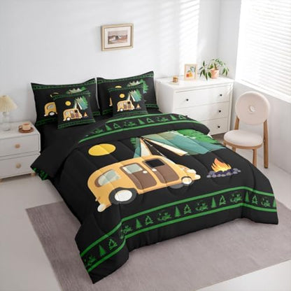 Erosebridal Camper Decor Teens Comforter Set with Sheets Happy Camping 7 Piece Bedding Set Rustic Farmhouse Bed in A Bag Full Size Bonfire Rv Travel Trailer Bed Sets for Kids Boys Adult, Black Green
