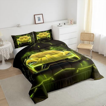 Feelyou Boys Race Car Comforter Set,Kids Sports Car Bedding Set King Size,Boys Bedroom Room Decor,Cool Speed Luxury Racing Car Comforter,Geometric Hexagon Racing Car Bed Set for All Season