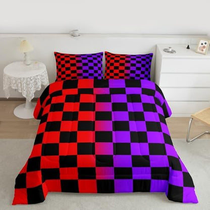 Feelyou Checkered Retro Comforter Set Toddler Size Geometric Vintage Bedding Set for Kids Boys Girls Red Purple Duvet Quilt Modern Groovy Aesthetic Bedroom Decor 2 Pcs with 1 Pillow Cases