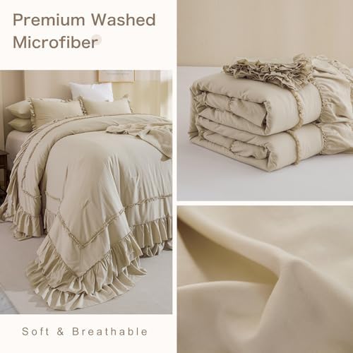 Masaca Oversized King Comforter 128x120,Farmhouse Shabby Boho Chic Ruffled Bedding Comforter Set,3pcs Extra Large King Size Wheat Ruffle Comforter Sets French Country Bedding Set Ultra Soft