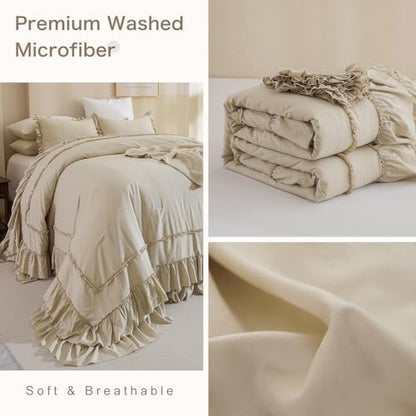 Masaca Oversized King Comforter 128x120,Farmhouse Shabby Boho Chic Ruffled Bedding Comforter Set,3pcs Extra Large King Size Wheat Ruffle Comforter Sets French Country Bedding Set Ultra Soft