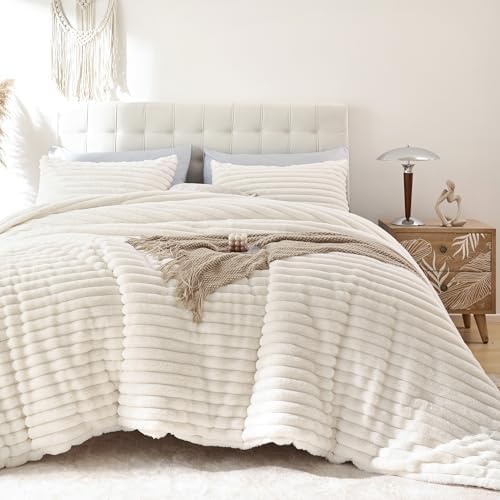 Smoofy Fluffy Twin Size Comforter 2 PCS - Cream White Fleece Bedding Set