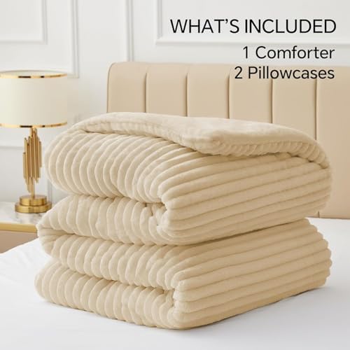 BEDELITE Fleece Full Comforter Set, Fluffy Bed Set, Beige
