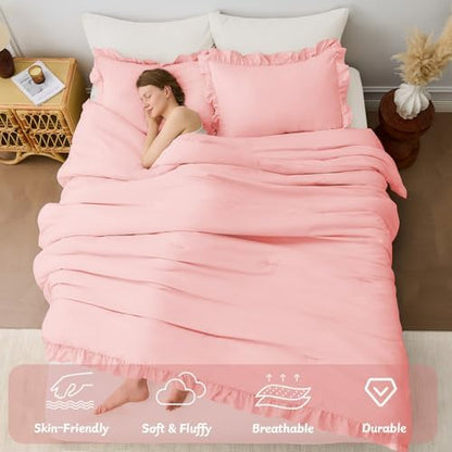 FUANNA Pink King Size Comforter Set, Ruffle Bedding Set, 3 Pieces Bed Set
