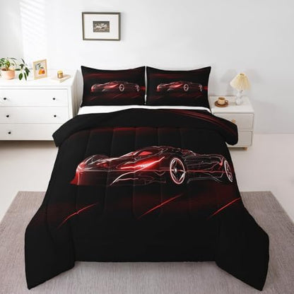 Feelyou Red Race Car Bedding Set Queen Size for Kids Teens