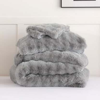 YIKUSH Twin Faux Fur Comforter Set, Fluffy Light Gray Rabbit Fur Comforter