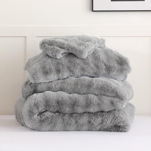 YIKUSH Queen Faux Fur Comforter Set, Fluffy Light Gray Rabbit Fur Comforter