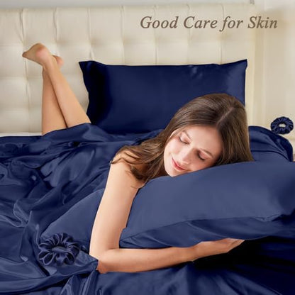 Vielit Standard Satin Pillowcase for Hair 2pc,Similar to Silk Pillow Cases,Easier Care Than Silk Pillowcase,Gifts for Women Men,Navy,20x26 & Envelope Closure and 2 Satin Scrunchies
