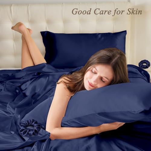 Vielit King Satin Pillowcase for Hair 2pc,Similar to Silk Pillow Cases,Easier Care Than Silk Pillowcase Gifts for Women Men,Navy,20x36 & Envelope Closure and 2 Satin Scrunchies