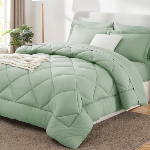 CozyLux King Comforter Set 102"x90" Sage Green - 7 Piece Bed in a Bag
