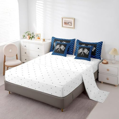 7 Pieces Racing Comforter Set for Kids Blue Black White Bedding Set Queen Size,Racing Car Flag Game Theme Comforter for Boys Girls Adult Checkered Flag Super Soft Fade Resistant Microfiber Bedding