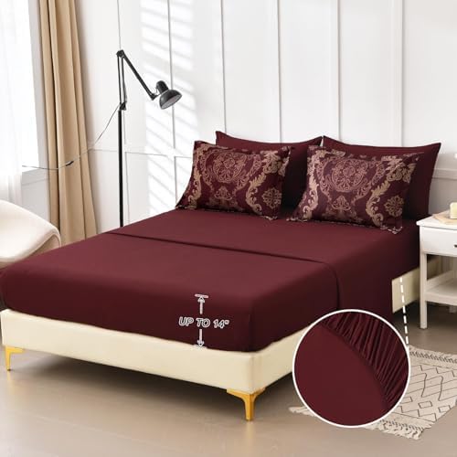 WONGS BEDDING Burgundy Comforter Set Full Size, Maroon Damask Texture 7 Pieces Bed in a Bag Microfiber Comforter Bedding Sets -1 Comforter, 1 Flat Sheet, 1 Fitted Sheet, 2 Pillow Shams,2 Pillowcases