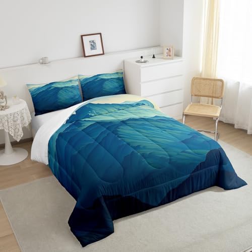 Mountain Bedding Set Full Size,Nature Scenery Comforter Set for Kids Boys Girls Room Decor,Japanese Style Abstract Art Modern Duvet Insert 3Pcs,Minimalism Mountain Rustic Quilt Set,2 Pillowcases