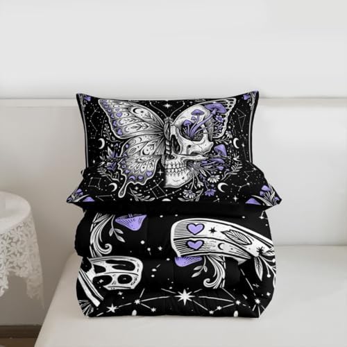 Butterfly Skull Comforter Set Queen Size,Purple Mushroom Gothic Skeleton Duvet Insert Adults Bedroom Decor,Galaxy Botanical Bedding Set,Retro Hippie Ultra Soft Microfiber Inner Fill 3Pcs Bedding
