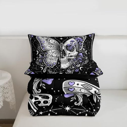 Butterfly Skull Comforter Set Queen Size,Purple Mushroom Gothic Skeleton Duvet Insert Adults Bedroom Decor,Galaxy Botanical Bedding Set,Retro Hippie Ultra Soft Microfiber Inner Fill 3Pcs Bedding