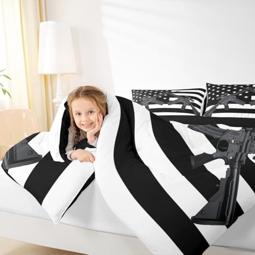 American Flag Comforter Set Twin Size Machine Gun Down Comforter for Kids Teens Adult Men Bedroom USA Federations Stars Stripe Bedding Set United States Military Rifle Duvet Sets, Black and White