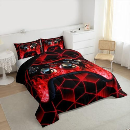 Red Kids Bedding Sets for Gamer Boys, Neon Geometric Twin Comforter Set, 3D Geometric Kids Twin Bedding Set with Flame Game Consoles Gamer Decor