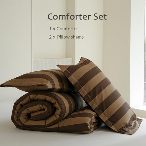 Comforter Set Queen Size - 100% Natural Cotton Brown and Beige Striped Comforter 3pcs, Hypoallergenic Soft Bedding Set