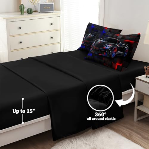 5 Pcs Car Comforter Sets for Boys, Cool Blue Red Race Car Full Size Car Bedding Set for Boys Teens