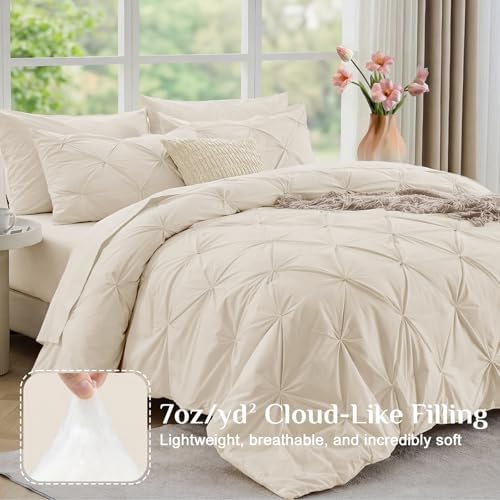 JOLLYVOGUE King Size Comforter Set 7 Pieces - Bed in a Bag King for All Season, Pintuck Bedding Comforter Sets with Comforter, Flat Sheet, Fitted Sheet and Pillowcases & Shams, Beige