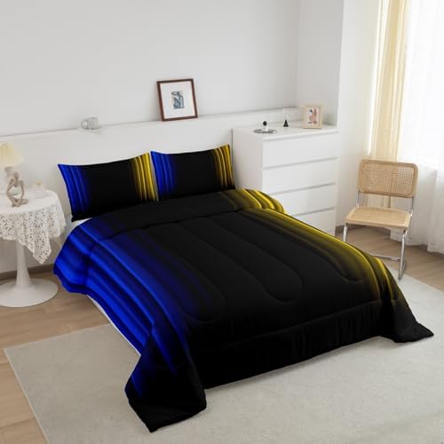 Feelyou Teens Abstract Ombre Decorations Bedding Set for Kids Women Blue Yellow and Black Comforter Set Geometric Modern Quilt Set Room 3Pcs Full Size