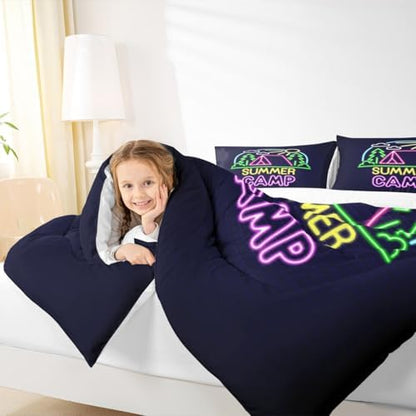 Summer Camping Camper Comforter Set King,Camping Adventure Bedding Set,Brick Wall Quilt Set 3 Pcs for Kids Teens Adults Room Decor,Neon Watercolor Rustic Duvet Insert with 2 Pillowcases