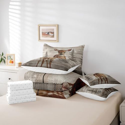 Erosebridal Rustic Elk Deer 7 Piece Bedding Set Queen Jungle Wildlife Sika Deer Comforter Set Vintage Wooden Board Bed in a Bag Watercolor Forest Sheet Set with Comforter Pine Tree Home Decor