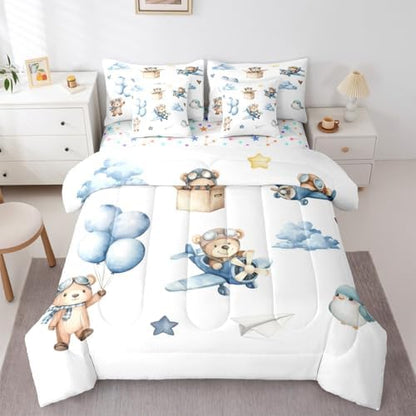 Erosebridal Cartoon Aircraft King Size Comforter Set with Sheets, Cute Bear Airplane Propeller Plane 7 Pcs Bedding Set for Boys Girls Adults, Bird Animals Bed in A Bag, Balloon Star Cloud Bed Sets