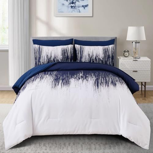 Dinjoy Ombre Blue Comforter Set Full Size Gradient Navy Blue White Boho Bedding Set for Teen Men Women 7 Pieces Bed in A Bag Bohemian Bed Set with Comforter, Sheets, Pillowcases & Shams