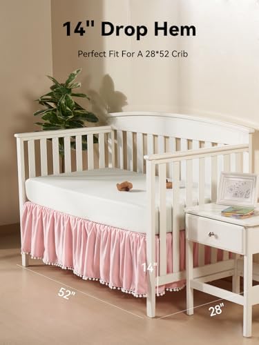 TILLYOU Baby Crib Skirt Girls Boys, Ruffled Bed Skirt with Pompoms, 28”x 52”, 14'' Drop, Pink