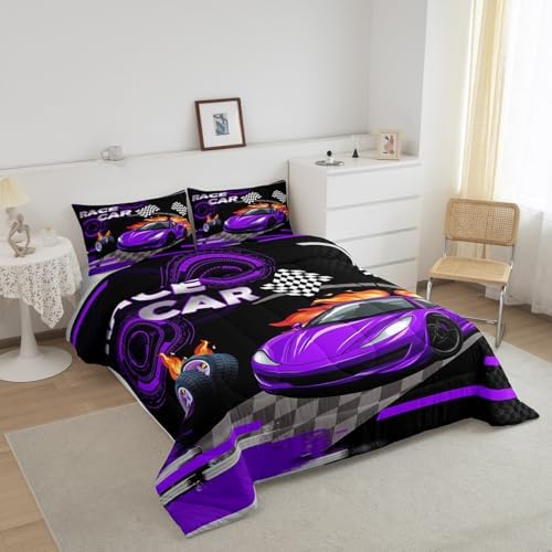 Feelyou Kids Purple Race car Comforter Set Toddler Speed Sports Car Bedding Set Boys Girls Automobile Racing Car Quilt Set Extreme Sports Theme Bed Set