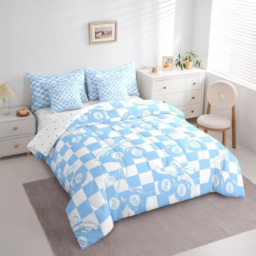 Erosebridal Y2K Trendy Lucky 8 Ball 7 Piece Comforter Set King Blue Cherry Bow Bedding Set for Kids Boys Girls Preppy Room Decor,Girly Fashion Y2K Bed in A Bag Geometric Checkerboard Plaid Bed Set