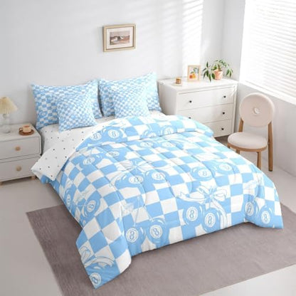 Erosebridal Y2K Trendy Lucky 8 Ball 7 Piece Comforter Set King Blue Cherry Bow Bedding Set for Kids Boys Girls Preppy Room Decor,Girly Fashion Y2K Bed in A Bag Geometric Checkerboard Plaid Bed Set
