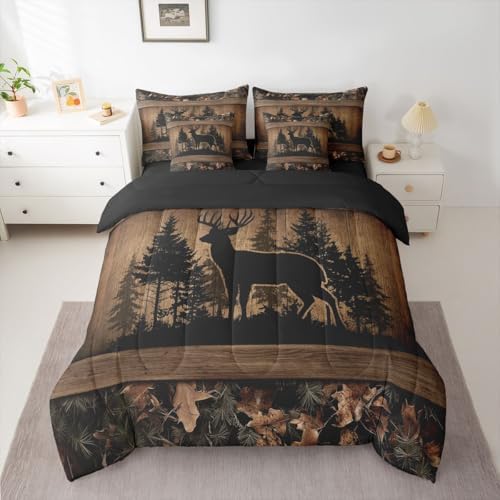 Erosebridal 7 Piece Farmhouse Deer King Bed in A Bag Camo Woodland Hunting Comforter Set with Sheets | for Kids Boys Teen Men,Rustic Cabin Bed in A Bag Wildlife Animal Print Bed Set Country Decor