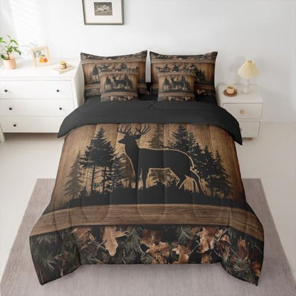 Erosebridal 7 Piece Farmhouse Deer King Bed in A Bag Camo Woodland Hunting Comforter Set with Sheets | for Kids Boys Teen Men,Rustic Cabin Bed in A Bag Wildlife Animal Print Bed Set Country Decor