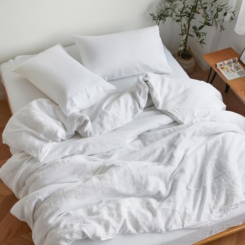 Sijo Stone Washed Organic French Linen Bed Sheet Set, GOTS Certified Organic, Best Cooling Linen Sheet Award by Sleep Foundation, 3 Piece - 2 Pillowcases and 1 Fitted Sheet (Snow, Queen)