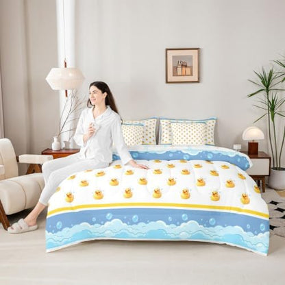 Erosebridal Cartoon Yellow Ducks King Bed in A Bag 7 Piece Kawaii Bubble Rubber Ducks Comforter Set with Sheets Lovely Farmhouse Animal Bedding Sets for Kids Adults,Cute Pet Animal Bed Set