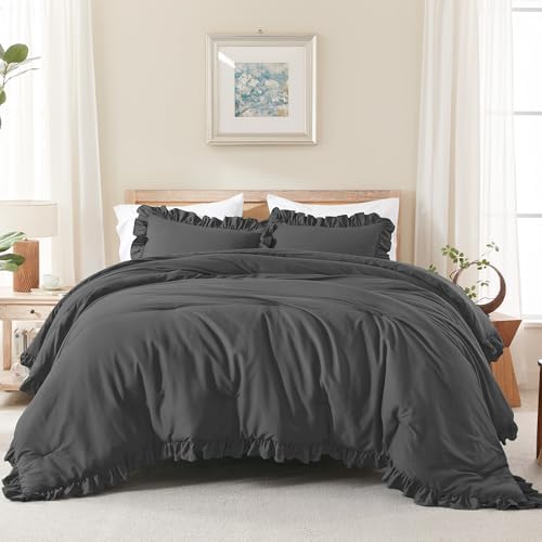 Andency Dark Gray California King Comforter Set, 3 Pcs Shabby Chic Bedding