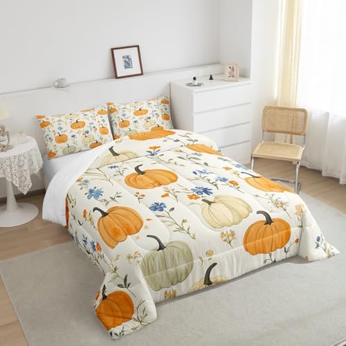 Homewish Pumpkin Pattern Full Size Comforter Set,Botanical Flowers Bedding Set for Adults Teens,Children Autumn Farmhouse Comforter Luxury Yellow Beige Quilt Set Room Decor 3Pcs