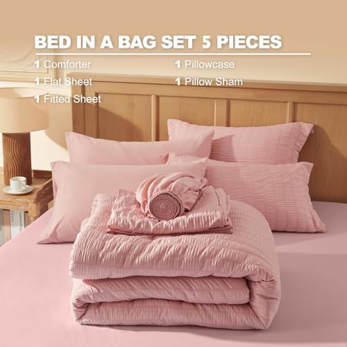 Laojin Balhen Twin Comforter Set 5 Pieces, Pink Seersucker Bed in a Bag Set Twin Size, All Season Luxury Bedding Sets with Comforter, Sheets, Pillowcase & Sham