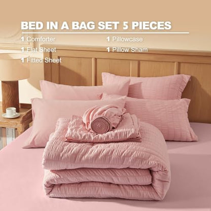 Laojin Balhen Twin Comforter Set 5 Pieces, Pink Seersucker Bed in a Bag Set Twin Size, All Season Luxury Bedding Sets with Comforter, Sheets, Pillowcase & Sham