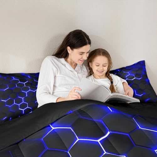 Erosebridal Honeycomb Comforter Set Neon Light Geometric Bedding Set Full for Kids Boys Teens,Hexagonal Bedding Comforter Sets Soft Microfiber Quilt Set 2 Pillow Cases Blue Black Room Decor