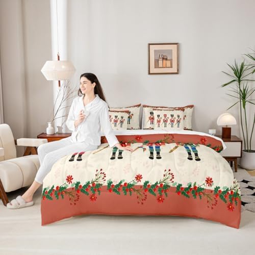 Erosebridal Nutcracker 7 Piece Bedding Set King Soldier Comforter Set with Sheets Xmas Holiday Bed in a Bag Christmas Red Flowers Cute Cartoon Bed Sets Comforter